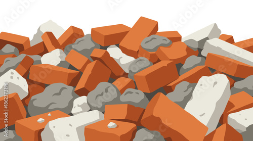 Large pile of broken orange bricks and grey concrete rubble from a demolition site, a flat vector illustration of construction waste isolated on a white background
