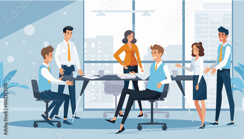 Diverse team of professional business people brainstorming ideas during a collaborative meeting in a modern office with a large window showing a cityscape