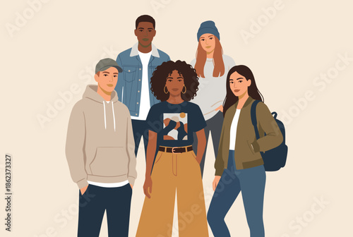 Diverse group of young adult friends standing together in casual modern clothing, a flat vector illustration of a multiethnic community looking forward with confidence