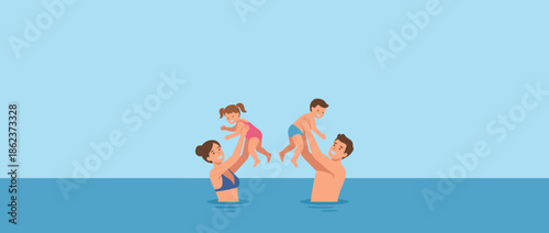Happy young family with two small children playing together in the water on a summer day, a flat vector illustration with copy space for a banner or header