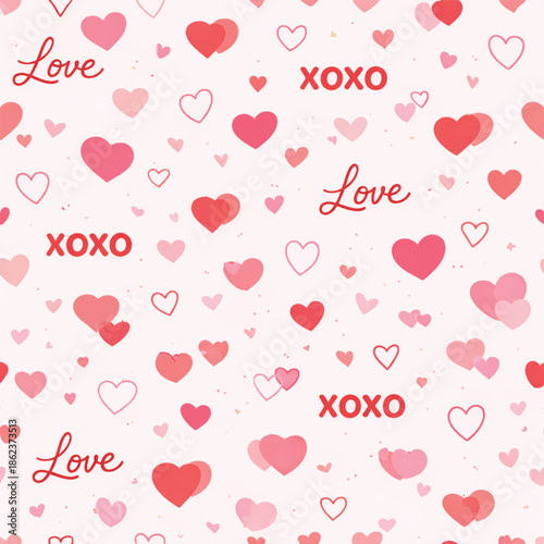 Valentine’s Day Seamless Background with Hearts, Roses, Gifts and Romantic Typography