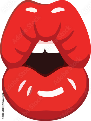 Stylized graphic illustration of bold red lips with an open mouth and white teeth