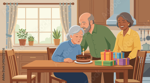 Group of diverse senior friends celebrating a birthday as one woman blows out a candle on a cake in a warm, inviting kitchen with gifts on the table