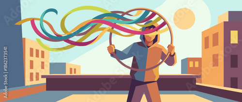 Hooded person in a two-tone jacket holds a large hoop with colorful ribbons flowing in the wind on a city rooftop during a warm sunset in a modern flat vector style