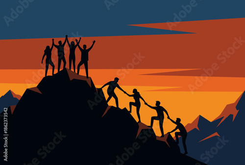 Silhouettes of a team of people helping each other climb a mountain to reach the summit together, a vector illustration concept of teamwork, success, and leadership at sunset