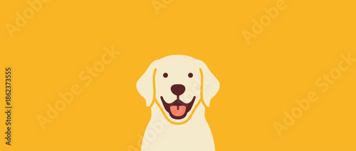 Happy smiling golden retriever dog illustration with an open mouth and tongue out, depicted in a minimalist flat vector style on a bright yellow background with copy space