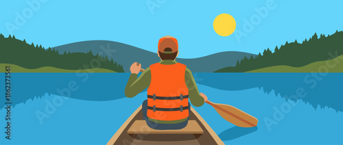 Man in an orange life vest paddling a canoe across a calm blue lake with a beautiful forest and mountain landscape on a sunny day, flat vector illustration