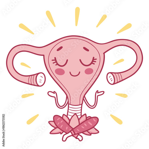 Cartoon uterus meditating with lotus position. Feminine health and wellness balance concept.