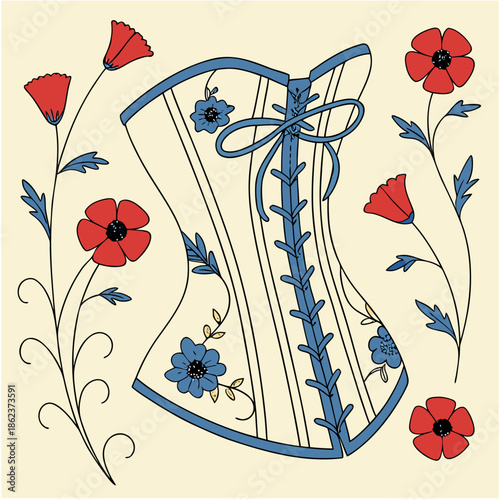 Vintage corset with red poppies and blue floral accents. Victorian fashion illustration.