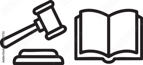 Law and justice icons including a gavel and an open book representing legal concepts and education isolated on white