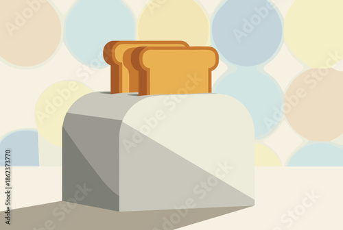 Retro style kitchen toaster with bread slices, a minimalist flat vector illustration with simple shapes and shadows on a pastel background with a geometric circle pattern