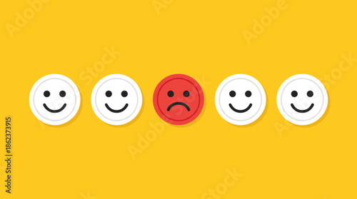 Red sad face icon standing out from a row of white happy smileys on a yellow background, representing dissatisfaction, bad reviews, and negative feedback