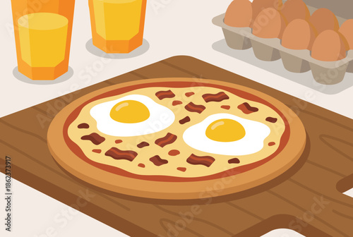 Breakfast pizza with two fried eggs and bacon bits served on a wooden cutting board with orange juice and an egg carton in a flat vector illustration style