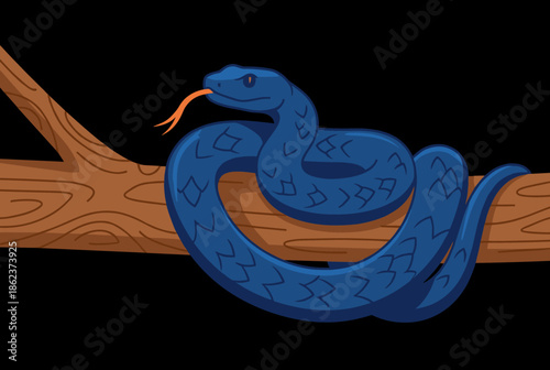 Stylized blue snake with geometric scales is coiled around a brown tree branch, flicking its orange forked tongue, in a simple cartoon illustration on a black background