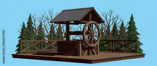 Rustic wooden water well with a large wheel and corrugated roof stands on a platform surrounded by a forest of trees under a clear blue sky in a vector illustration style