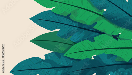 Large green and teal tropical leaves illustration with detailed veins arranged on a light beige background with copy space, a modern and fresh botanical design for summer