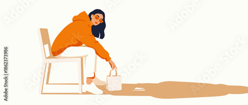 Stylish young woman in an orange hoodie and sunglasses sits on a chair picking up a small white bag, a minimalist flat vector illustration isolated on a light background