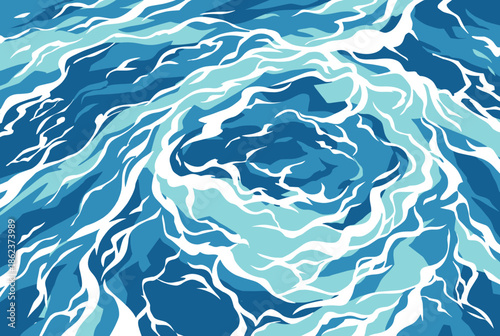 Abstract blue water surface with swirling waves and white foam in a dynamic graphic illustration style, showing a top-down view of a flowing ocean or sea texture background
