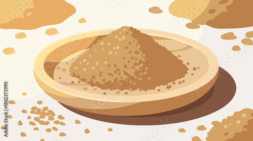 Light brown granulated cane sugar piled high in a simple wooden bowl, with scattered crystals on a neutral surface in a minimalist illustration style