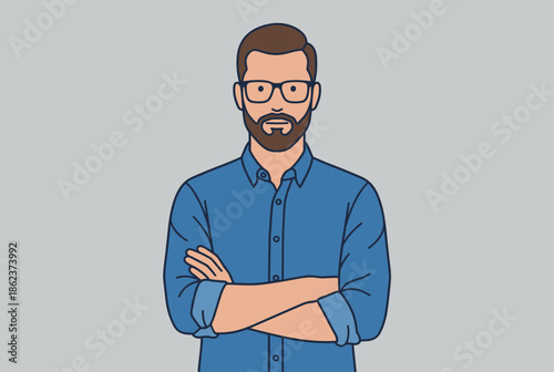 Confident young bearded man with glasses and a blue shirt stands with his arms crossed looking at the camera in a flat line art illustration style on a grey background