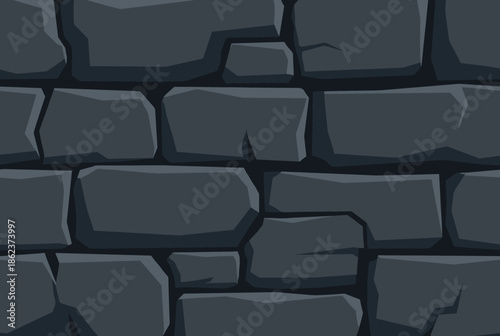 Seamless dark grey cartoon stone wall texture with irregularly shaped blocks, creating a solid and ancient background for a fantasy game or dungeon illustration
