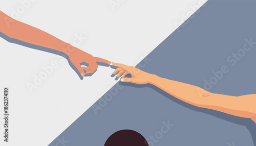 Two human hands with index fingers nearly touching in a famous artistic pose, a modern flat vector illustration on a geometric background with a diagonal split
