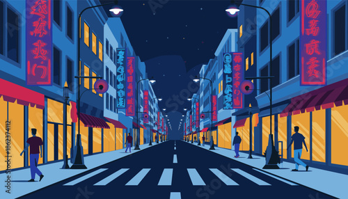 Vector illustration of an empty city street at night with glowing neon signs, illuminated shop windows, and people walking on the sidewalks under a starry sky