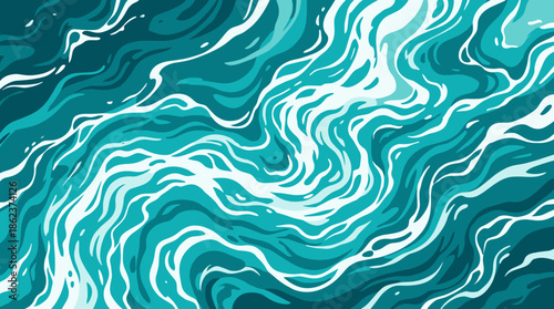 Graphic illustration of flowing turquoise water waves with swirling currents and white sea foam, a dynamic and abstract liquid texture background with beautiful wavy lines