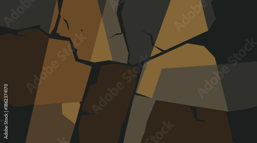 Cracked brown and gray stone wall texture with sharp geometric shapes and dark fissures, creating an abstract, earthy, and modern background illustration for graphic design