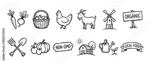 Hand-drawn farming and agriculture icon set illustrating organic food, local market symbols, farm animals, and gardening tools in a simple black and white doodle style
