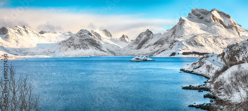 Amazing winter view on Selfjordenn  during sunny day and Krystad Village