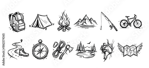 Collection of twelve hand-drawn sketch icons for outdoor adventure and travel, featuring a tent, campfire, backpack, mountains, compass, bicycle, and rock climbing elements