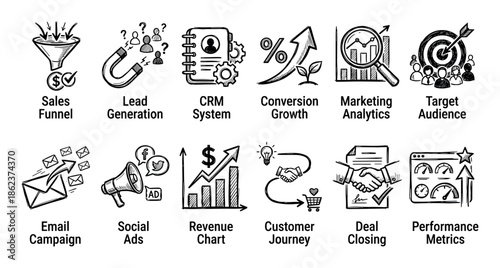 Hand drawn marketing and sales icon set illustrating concepts like sales funnel, lead generation, CRM, and conversion growth in a black and white doodle style for business strategy