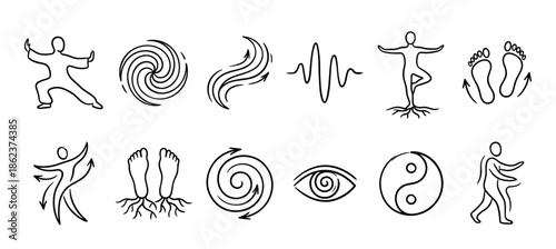 Collection of hand-drawn spiritual icons representing yoga, tai chi, energy flow, and balance concepts in a minimalist black and white line art style for wellness and health themes