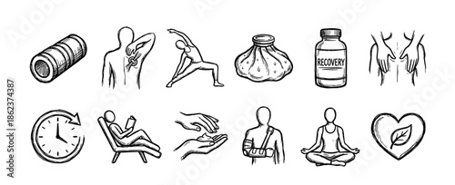 Hand-drawn physical therapy and wellness icon collection featuring concepts of injury recovery, muscle pain relief, massage, yoga, rest, and self-care in a monochrome doodle style