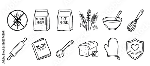 Set of black and white gluten-free baking icons featuring almond and rice flour, a loaf of bread, kitchen tools, and various allergen-free symbols in a hand-drawn sketch style