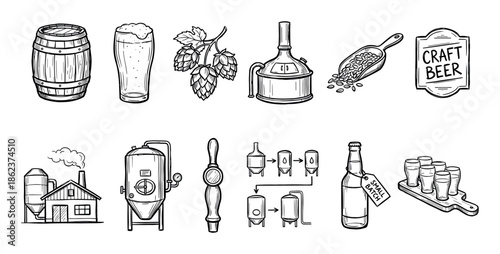 Craft beer brewing process icon set featuring hand-drawn sketch illustrations of a brewery, barrel, hops, malt, glass, and fermentation equipment in a vintage doodle style
