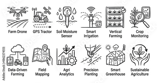 Set of smart agriculture icons in a hand-drawn doodle style, illustrating agritech concepts like farm drones, GPS tractors, vertical farming, and sustainable innovation