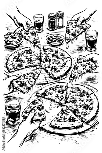 Hand Drawn Black and White Pizza Meal Illustration with Plates and Dishes Top View