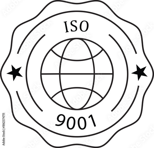 ISO 9001 certification seal globe and star emblem for quality management system isolated on white background