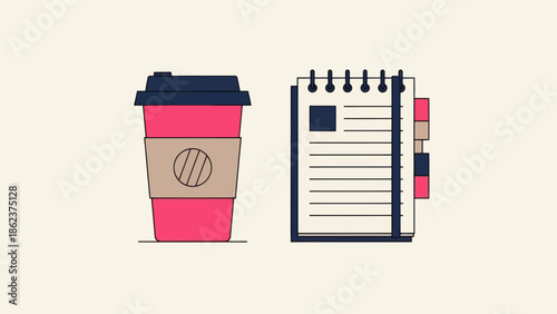 Flat design illustration of a coffee cup and a notebook with tabs, isolated on beige background.