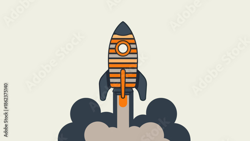Cartoon rocket launching with smoke and flames, illustration, space travel concept