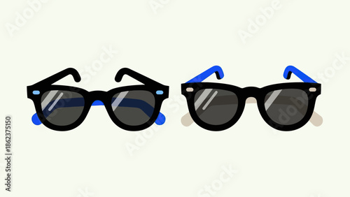 Two Pairs of Black Sunglasses with Blue Accents on a Light Background