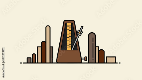 Metronome and abstract musical notes on beige background, rhythm concept