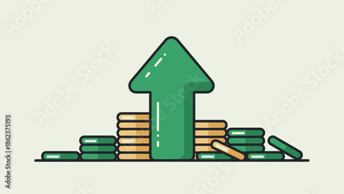 Green arrow pointing up from stack of coins, representing financial growth and investment success