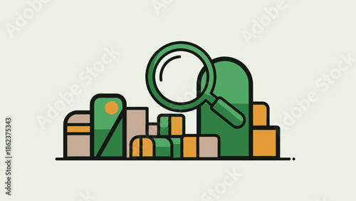 Magnifying Glass Over Abstract Buildings, Search and Discovery Concept