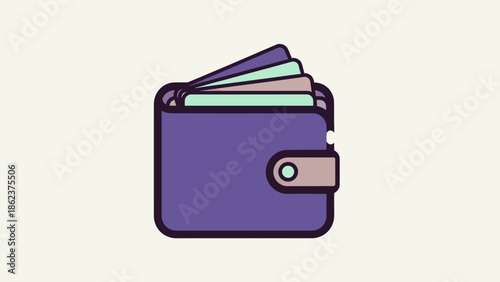 Purple wallet with cards, cash, thin line icon, simple modern design, isolated on light background
