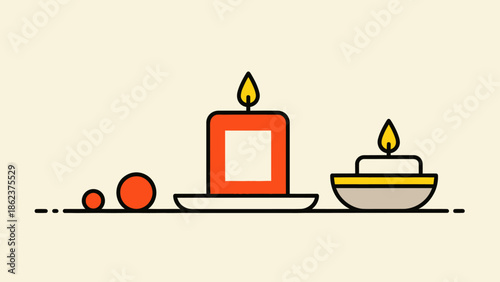 Minimalist candles and spheres with warm, soft background, flat design, decorative elements.