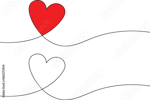 A simple and elegant continuous line drawing featuring two hearts one solid red and another an outline symbolizing eternal love and connection