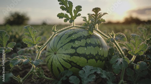 Ripe watermelon growing in field under sunset light  